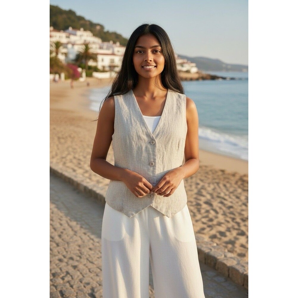 Quince womens NEW! 100% Euro linen 3 button lined luxury vest sz Med travel - Picture 1 of 8